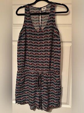 Old Navy Sz Large Black Teal Coral Aztec Patterned Romper w/ side slit flaw